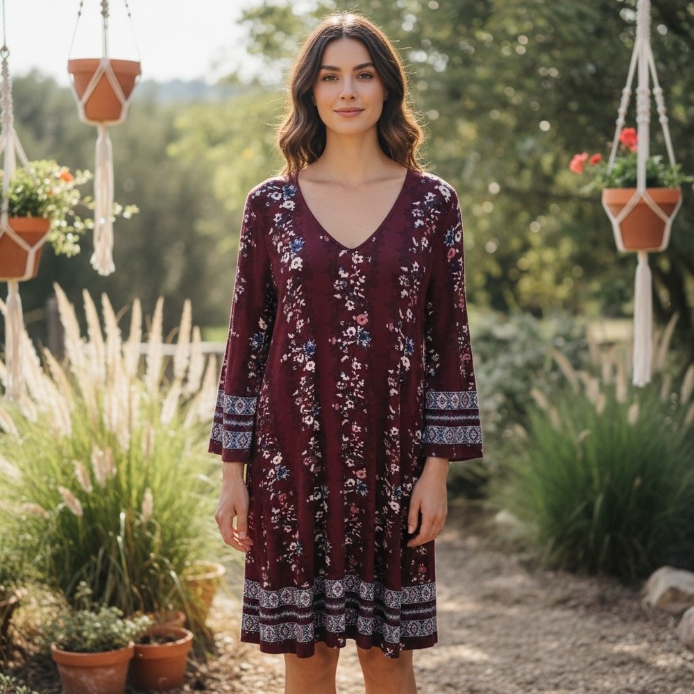 Skies Are Blue NEW Floral V-Neck Shift Dress Burgundy Boho Bell‎ Sleeve Large